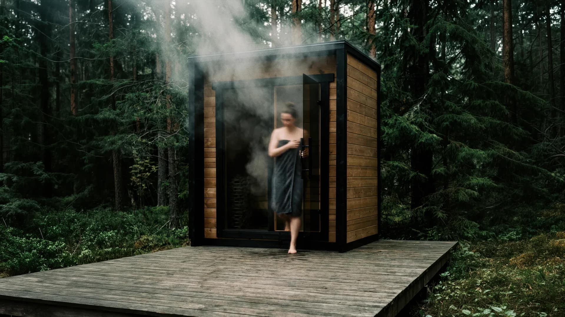 Sauna cube nordique fumant dans une forêt de pins, sur une terrasse en bois